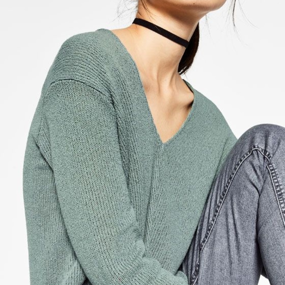 Zara V-neck Wide-sleeve Blue-Green Sweater